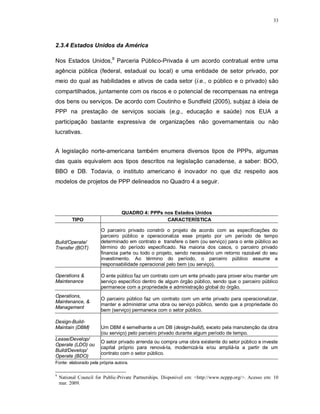 33




2.3.4 Estados Unidos da América

Nos Estados Unidos,9 Parceria Público-Privada é um acordo contratual entre uma
agência pública (federal, estadual ou local) e uma entidade de setor privado, por
meio do qual as habilidades e ativos de cada setor (i.e., o público e o privado) são
compartilhados, juntamente com os riscos e o potencial de recompensas na entrega
dos bens ou serviços. De acordo com Coutinho e Sundfeld (2005), subjaz à ideia de
PPP na prestação de serviços sociais (e.g., educação e saúde) nos EUA a
participação bastante expressiva de organizações não governamentais ou não
lucrativas.


A legislação norte-americana também enumera diversos tipos de PPPs, algumas
das quais equivalem aos tipos descritos na legislação canadense, a saber: BOO,
BBO e DB. Todavia, o instituto americano é inovador no que diz respeito aos
modelos de projetos de PPP delineados no Quadro 4 a seguir.




                                 QUADRO 4: PPPs nos Estados Unidos
          TIPO                                   CARACTERÍSTICA

                       O parceiro privado constrói o projeto de acordo com as especificações do
                       parceiro público e operacionaliza esse projeto por um período de tempo
Build/Operate/         determinado em contrato e transfere o bem (ou serviço) para o ente público ao
Transfer (BOT)         término do período especificado. Na maioria dos casos, o parceiro privado
                       financia parte ou todo o projeto, sendo necessário um retorno razoável do seu
                       investimento. Ao término do período, o parceiro público assume a
                       responsabilidade operacional pelo bem (ou serviço).

Operations &           O ente público faz um contrato com um ente privado para prover e/ou manter um
Maintenance            serviço específico dentro de algum órgão público, sendo que o parceiro público
                       permanece com a propriedade e administração global do órgão.
Operations,
                       O parceiro público faz um contrato com um ente privado para operacionalizar,
Maintenance, &
                       manter e administrar uma obra ou serviço público, sendo que a propriedade do
Management
                       bem (serviço) permanece com o setor público.

Design-Build-
Maintain (DBM)         Um DBM é semelhante a um DB (design-build), exceto pela manutenção da obra
                       (ou serviço) pelo parceiro privado durante algum período de tempo.
Lease/Develop/
                       O setor privado arrenda ou compra uma obra existente do setor público e investe
Operate (LDO) ou
                       capital próprio para renová-la, modernizá-la e/ou ampliá-la a partir de um
Build/Develop/
                       contrato com o setor público.
Operate (BDO)
Fonte: elaborado pela própria autora.

9
    National Council for Public-Private Partnerships. Disponível em: <http://www.ncppp.org/>. Acesso em: 10
    mar. 2009.
 