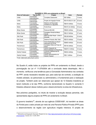 41



                              QUADRO 6: PPPs em andamento no Brasil
 Ente da Federação        Tipo de PPP                      Projeto                    Valor          Período
                      Concessão
União                                         Complexo Datacenter              R$1 bilhão            15 anos
                      Administrativa
                      Concessão
União                                         Projeto de Irrigação Pontal      R$ 474.952.511,00     25 anos
                      Patrocinada
                      Concessão               Sistema de Disposição
Bahia                                                                          R$619 milhões         18 anos
                      Administrativa          Oceânica do Jaguaribe
                      Concessão
Bahia                                         Fonte Nova                       R$107,32 milhões      35 anos
                      Administrativa
                      Concessão
Minas Gerais                                  Rodovia MG-050                   R$645 milhões         25 anos
                      Patrocinada
                      Concessão               Complexo Penal de Minas
Minas Gerais                                                                   R$2,41 bilhões        27 anos
                      Administrativa          Gerais
                      Concessão               Metrô de São Paulo - Linha 4
São Paulo                                                                      R$2,68 bilhões        32 anos
                      Patrocinada             Amarela
                      Concessão
São Paulo                                     Sistema Produtor Alto Tietê      R$310 milhões         15 anos
                      Administrativa
                      Concessão               Trens Dedicados à Linha 8
São Paulo                                                                      R$993 milhões         20 anos
                      Administrativa          Diamante da CPTM
                      Concessão               Complexo Viário da Praia do
Pernambuco                                                                     R$144 milhões         33 anos
                      Patrocinada             Paiva
                      Concessão               Centro Integrado de
Pernambuco                                                                     R$287,4 milhões       33 anos
                      Administrativa          Ressocialização de Itaquitinga
                      Concessão               Conjunto Habitacional do
Distrito Federal                                                               R$933 milhões         15 anos
                      Administrativa          Mangueiral
                      Concessão               Centro Administrativo do
Distrito Federal                                                               R$3,1 bilhões         22 anos
                      Administrativa          Distrito Federal
Fonte: elaborado pela própria autora.




No Quadro 6, estão todos os projetos de PPPs em andamento no Brasil, desde a
promulgação da Lei nº 11.079/2004 até a conclusão desta dissertação. Até o
momento, verifica-se uma tendência para a Concessão Administrativa nos contratos
de PPP, sendo necessário ressaltar que, para cada tipo de contrato, a avaliação do
modelo adotado, se patrocinado ou administrativo, é fundamental para a realização
do projeto. Também pode ser observado que apesar de 12 Estados brasileiros já
terem instituído a lei das PPPs, conforme demonstrado no Quadro 5, somente 5
Estados utilizaram desse instituto para o desenvolvimento na área de infraestrutura.


Nos próximos parágrafos, no intuito de mostrar a evolução dessas parcerias, são
apresentados alguns projetos de PPPs em andamento no Brasil.


O governo brasileiro15, através de sua agência CODEVASF, irá transferir as áreas
do Pontal para o setor privado por meio de uma Parceria Público-Privada (PPP) para
o desenvolvimento da região com agricultura irrigada intensiva. O projeto de


15
  Ministério da Integração Nacional. Disponível em: http://ppp-projetopontal.codevasf.gov.br/licitacoes/ppp-
projetopontal. Acesso em: 12 abr 2010
 