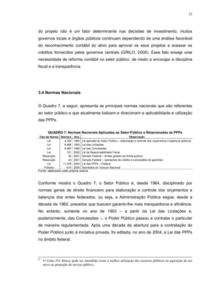 52




do projeto não é um fator determinante nas decisões de investimento, muitos
governos locais e órgãos públicos continuam dependendo de uma análise favorável
do reconhecimento contábil do ativo para aprovar os seus projetos e acessar os
créditos fornecidos pelos governos centrais (GRILO, 2008). Esse fato enseja uma
necessidade de reforma contábil no setor público, de modo a encorajar a disciplina
fiscal e a transparência.




3.4 Normas Nacionais


O Quadro 7, a seguir, apresenta as principais normas nacionais que são referentes
ao setor público e que atualmente balizam e direcionam a aplicabilidade e utilização
das PPPs.


        QUADRO 7: Normas Nacionais Aplicadas ao Setor Público e Relacionadas às PPPs
 Tipo de Norma Número Ano                                          Observação
       Lei       4.320 1964 Lei aplicada ao Setor Público – elaboração e controle dos orçamentos e balanços públicos
       Lei       8.666 1993 Lei das Licitações
       Lei       8.987 1995 Lei das Concessões
       Lei         101 2000 Lei de Responsabilidade Fiscal
   Resolução        40 2001 Senado Federal – limites globais da dívida pública
   Resolução        43 2001 Senado Federal – operações de crédito e concessões de garantias
       Lei      11.079 2004 Lei das PPPs – Federal
    Portaria       614 2006 Secretaria do Tesouro Nacional
Fonte: elaborado pela própria autora.



Conforme mostra o Quadro 7, o Setor Público é, desde 1964, disciplinado por
normas gerais de direito financeiro para elaboração e controle dos orçamentos e
balanços dos entes federados, ou seja, a Administração Pública segue, desde a
década de 1960, preceitos que buscam garantir-lhe mais transparência e eficiência.
No entanto, somente no ano de 1993 – a partir da Lei das Licitações e,
posteriormente, das Concessões –, o Poder Público passou a contratar o particular
de maneira regulamentada. Após uma década da abertura para a contratação do
Poder Público junto à iniciativa privada, foi editada, no ano de 2004, a Lei das PPPs
no âmbito federal.



23
     O Value For Money pode ser entendido como a melhor utilização dos recursos públicos na aquisição de um
     ativo ou prestação de serviço público.
 