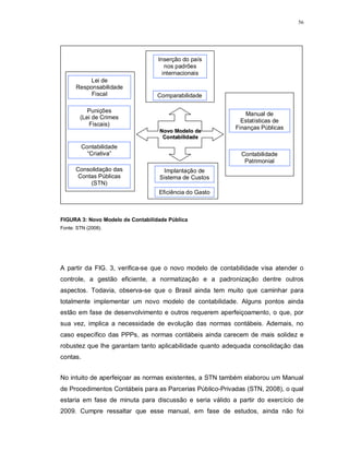 56




                                   Inserção do país
                                      nos padrões
                                     internacionais
           Lei de
      Responsabilidade
           Fiscal                  Comparabilidade

           Punições
                                                              Manual de
        (Lei de Crimes
                                                            Estatísticas de
           Fiscais)
                                                          Finanças Públicas
                                   Novo Modelo de
                                    Contabilidade
          Contabilidade
            “Criativa”                                      Contabilidade
                                                             Patrimonial
      Consolidação das              Implantação de
       Contas Públicas             Sistema de Custos
           (STN)
                                   Eficiência do Gasto



FIGURA 3: Novo Modelo de Contabilidade Pública
Fonte: STN (2008).




A partir da FIG. 3, verifica-se que o novo modelo de contabilidade visa atender o
controle, a gestão eficiente, a normatização e a padronização dentre outros
aspectos. Todavia, observa-se que o Brasil ainda tem muito que caminhar para
totalmente implementar um novo modelo de contabilidade. Alguns pontos ainda
estão em fase de desenvolvimento e outros requerem aperfeiçoamento, o que, por
sua vez, implica a necessidade de evolução das normas contábeis. Ademais, no
caso específico das PPPs, as normas contábeis ainda carecem de mais solidez e
robustez que lhe garantam tanto aplicabilidade quanto adequada consolidação das
contas.


No intuito de aperfeiçoar as normas existentes, a STN também elaborou um Manual
de Procedimentos Contábeis para as Parcerias Público-Privadas (STN, 2008), o qual
estaria em fase de minuta para discussão e seria válido a partir do exercício de
2009. Cumpre ressaltar que esse manual, em fase de estudos, ainda não foi
 