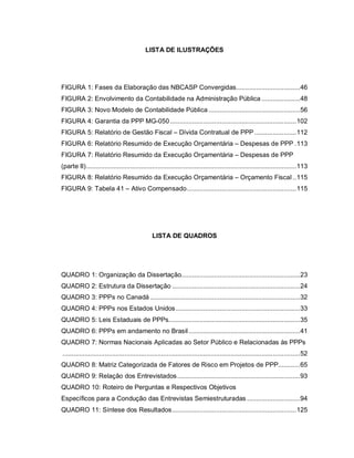 LISTA DE ILUSTRAÇÕES




FIGURA 1: Fases da Elaboração das NBCASP Convergidas...................................46
FIGURA 2: Envolvimento da Contabilidade na Administração Pública .....................48
FIGURA 3: Novo Modelo de Contabilidade Pública ..................................................56
FIGURA 4: Garantia da PPP MG-050 .....................................................................102
FIGURA 5: Relatório de Gestão Fiscal – Dívida Contratual de PPP .......................112
FIGURA 6: Relatório Resumido de Execução Orçamentária – Despesas de PPP .113
FIGURA 7: Relatório Resumido da Execução Orçamentária – Despesas de PPP
(parte II)...................................................................................................................113
FIGURA 8: Relatório Resumido da Execução Orçamentária – Orçamento Fiscal ..115
FIGURA 9: Tabela 41 – Ativo Compensado............................................................115




                                                LISTA DE QUADROS




QUADRO 1: Organização da Dissertação.................................................................23
QUADRO 2: Estrutura da Dissertação ......................................................................24
QUADRO 3: PPPs no Canadá ..................................................................................32
QUADRO 4: PPPs nos Estados Unidos ....................................................................33
QUADRO 5: Leis Estaduais de PPPs........................................................................35
QUADRO 6: PPPs em andamento no Brasil .............................................................41
QUADRO 7: Normas Nacionais Aplicadas ao Setor Público e Relacionadas às PPPs
..................................................................................................................................52
QUADRO 8: Matriz Categorizada de Fatores de Risco em Projetos de PPP............65
QUADRO 9: Relação dos Entrevistados ...................................................................93
QUADRO 10: Roteiro de Perguntas e Respectivos Objetivos
Específicos para a Condução das Entrevistas Semiestruturadas .............................94
QUADRO 11: Síntese dos Resultados....................................................................125
 