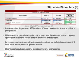 Situación Financiera (II)
• Los compromisos de gastos (sin SGR) crecieron 16% real y su ejecución alcanzó el 45% de lo
presupuestado.
• El incremento del gastos fue el resultado de la mayor inversión ejecutada tanto en los gastos
operativos en los sectores sociales como en la formación bruta de capital.
• La inversión experimentó un crecimiento importante explicado por el efecto base dado que 2016
fue el primer año del período de gobierno territorial.
• El servicio de la deuda se incrementó jalonado por mayores amortizaciones.
Funcionamiento 32.877 38.080 11%
Inversión 159.804 191.495 15%
Servicio de la deuda 5.257 8.839 62%
TOTAL 197.938 238.414 16%
Gastos
valores en millones de $
Concepto
Variación
Real
2017/2016
jun-16 jun-17
Fuente: Cálculos DAF con información del FUT.
 