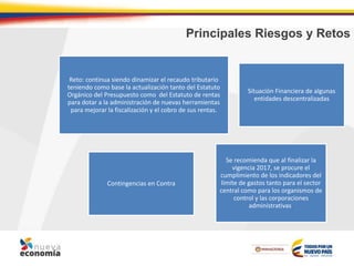 Principales Riesgos y Retos
Reto: continua siendo dinamizar el recaudo tributario
teniendo como base la actualización tanto del Estatuto
Orgánico del Presupuesto como del Estatuto de rentas
para dotar a la administración de nuevas herramientas
para mejorar la fiscalización y el cobro de sus rentas.
Situación Financiera de algunas
entidades descentralizadas
Contingencias en Contra
Se recomienda que al finalizar la
vigencia 2017, se procure el
cumplimiento de los indicadores del
límite de gastos tanto para el sector
central como para los organismos de
control y las corporaciones
administrativas.
 