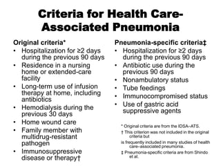 Criteria for Health CareAssociated Pneumonia
Original criteria*
• Hospitalization for ≥2 days
during the previous 90 days
• Residence in a nursing
home or extended-care
facility
• Long-term use of infusion
therapy at home, including
antibiotics
• Hemodialysis during the
previous 30 days
• Home wound care
• Family member with
multidrug-resistant
pathogen
• Immunosuppressive
disease or therapy†

Pneumonia-specific criteria‡
• Hospitalization for ≥2 days
during the previous 90 days
• Antibiotic use during the
previous 90 days
• Nonambulatory status
• Tube feedings
• Immunocompromised status
• Use of gastric acid
suppressive agents
* Original criteria are from the IDSA–ATS.
† This criterion was not included in the original
criteria but
is frequently included in many studies of health
care–associated pneumonia.
‡ Pneumonia-specific criteria are from Shindo
et al.

 