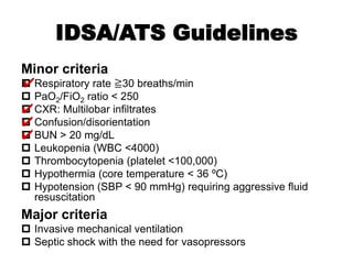 IDSA/ATS Guidelines
Minor criteria
 Respiratory rate ≧30 breaths/min
✔
 PaO2/FiO2 ratio < 250

✔CXR: Multilobar infiltrates

✔Confusion/disorientation

✔BUN > 20 mg/dL
 Leukopenia (WBC <4000)
 Thrombocytopenia (platelet <100,000)
 Hypothermia (core temperature < 36 ºC)
 Hypotension (SBP < 90 mmHg) requiring aggressive fluid
resuscitation

Major criteria
 Invasive mechanical ventilation
 Septic shock with the need for vasopressors

 