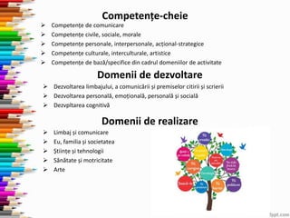 Competențe-cheie
 Competențe de comunicare
 Competențe civile, sociale, morale
 Competențe personale, interpersonale, acțional-strategice
 Competențe culturale, interculturale, artistice
 Competențe de bază/specifice din cadrul domeniilor de activitate
Domenii de dezvoltare
 Dezvoltarea limbajului, a comunicării și premiselor citirii și scrierii
 Dezvoltarea personală, emoțională, personală și socială
 Dezvpltarea cognitivă
Domenii de realizare
 Limbaj și comunicare
 Eu, familia și societatea
 Științe și tehnologii
 Sănătate și motricitate
 Arte
 