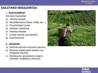 GEOGRAFIA DBH 3
10. GAIA

SAILETAKO NEKAZARITZA
1.- EZAUGARRIAK
Herrialde tropikaletan
a) Jabetza handiak
b) Monolaborantza (kakao, kafea, tea…)
c) Produktibitate handia
d) Ustiapen intentsiboa
e) Inbertsio handiak
f) Langile ugariak (Jornaleroak)
g) Esportaziorako
2.- ARAZOAK
a) Etekinak atzerriko enpresek eskuratu
b) Ekoizpen tradizionalak baztertu eta
elikagaiak inportatu
c) Merkatuaren gorabeheren eragina
(soldatak, langabezia, pobrezia)

 