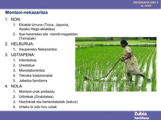 GEOGRAFIA DBH 3
10. GAIA

Montzoi-nekazaritza
1. NON:
1. Ekialde Urruna (Txina, Japonia,
Asiako Hego-ekialdea)
2. Ibai-haranetan eta mendi-magaletan
(Terrazak)

2. HELBURUA:
1. Iraupeneko Nekazaritza

3. USTIAPENA:
1.
2.
3.
4.
5.

Intentsiboa
Ureztatua
Monolaborantza
Teknika tradizionalak
Jabetza familiarra

4. NOLA
1.
2.
3.
4.

Montzoi-urak probestu
Urbideak (Grabitatea)
Hazitokiak eta berlandaketak (eskuz)
Urteko bi edo hiru uztak

 