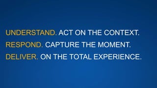 UNDERSTAND. ACT ON THE CONTEXT.
RESPOND. CAPTURE THE MOMENT.
DELIVER. ON THE TOTAL EXPERIENCE.
 