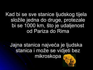 Kad bi se sve stanice ljudskog tijelaKad bi se sve stanice ljudskog tijela
složile jedna do druge, protezalesložile jedna do druge, protezale
bi se 1000 km, što je udaljenostbi se 1000 km, što je udaljenost
od Pariza do Rimaod Pariza do Rima
Jajna stanica najveća je ljudskaJajna stanica najveća je ljudska
stanica i može se vidjeti bezstanica i može se vidjeti bez
mikroskopamikroskopa
 