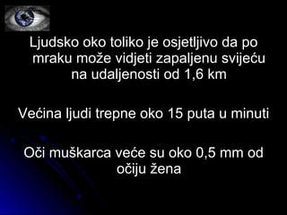 Ljudsko oko toliko je osjetljivo da poLjudsko oko toliko je osjetljivo da po
mraku može vidjeti zapaljenu svijećumraku može vidjeti zapaljenu svijeću
na udaljenosti od 1,6 kmna udaljenosti od 1,6 km
Većina ljudi trepne oko 15 puta u minutiVećina ljudi trepne oko 15 puta u minuti
Oči muškarca veće su oko 0,5 mm odOči muškarca veće su oko 0,5 mm od
očiju ženaočiju žena
 