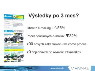 Obrat z e-mailingu r56%
Počet odoslaných e-mailov q32%
x00 nových zákazníkov - welcome proces
x0 objednávok od re-aktiv. zákazníkov
Výsledky po 3 mes?
 