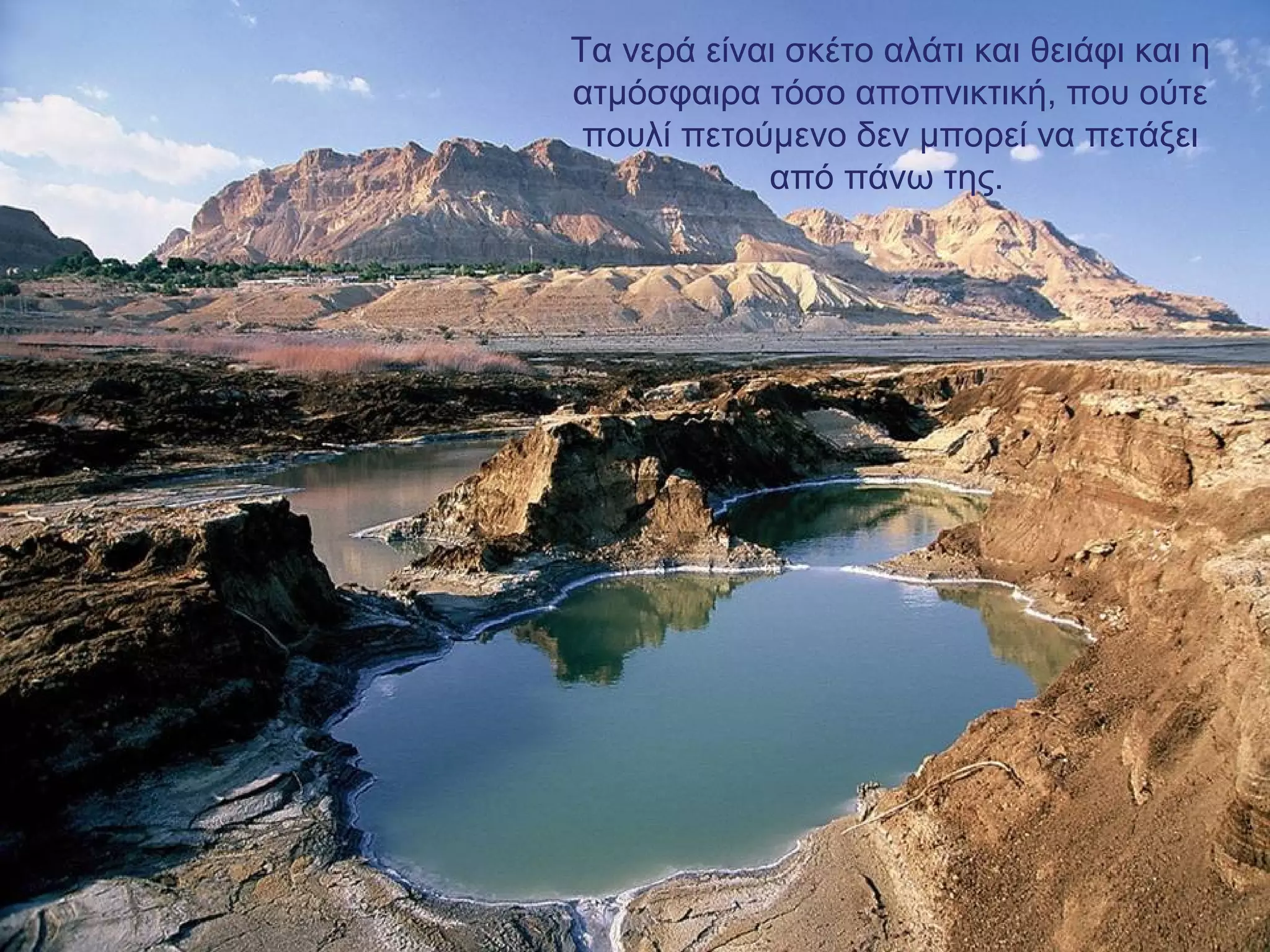 Τα νερά είναι σκέτο αλάτι και θειάφι και η
ατμόσφαιρα τόσο αποπνικτική, που ούτε
πουλί πετούμενο δεν μπορεί να πετάξει
από πάνω της.

 