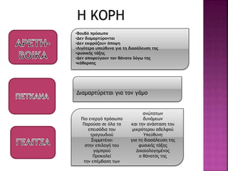 •Βουβά πρόσωπα
•Δεν διαμαρτύρονται
•Δεν εκφράζουν άποψη
•Λιγότερο υπεύθυνα για τη διασάλευση της
•φυσικής τάξης
•Δεν αποφεύγουν τον θάνατο λόγω της
•κάθαρσης
Διαμαρτύρεται για τον γάμο
Πιο ενεργό πρόσωπο
Παρούσα σε όλα τα
επεισόδια του
τραγουδιού
Συμμετέχει
στην επιλογή του
γαμπρού
Προκαλεί
την επέμβαση των
ανώτατων
δυνάμεων
και την ανάσταση του
μικρότερου αδελφού
Υπεύθυνη
για τη διασάλευση της
φυσικής τάξης
Δικαιολογημένος
ο θάνατός της
Η ΚΟΡΗ
 