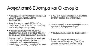 Ασφαλιστικό Σύστημα και Οικονομία
• Αφανές χρέος (ΔPV εισροών και εκροών)
μέχρι το 2060: Αφερεγγυότητα
συστήματος
• Ασφαλιστικές εισφορές 27% (από τις
υψηλότερες στην Ε.Ε): Έντονη αρνητική
επίπτωση στην απασχόληση.
• Υπερβολική επιβάρυνση σημερινών
εργαζόμενων, ενώ οι δικές τους παροχές
θα είναι ελάχιστες: Διαγενεακή ανισότητα.
• Δημογραφικό πρόβλημα (το μεγαλύτερο
στην Ευρώπη): έλλειψη εργατικού
δυναμικού και ρυθμοί οικονομικής
ανάπτυξης 1,3% έως 1,5% μέχρι το 2060.
• € 760 Δισ. (τρέχουσες τιμές). Καλύπτεται
από τον κρατικό προϋπολογισμό.
• Φυγή επιχειρήσεων και εργαζομένων στο
εξωτερικό, «μαύρη» οικονομία.
• Υπονόμευση «Κοινωνικού Συμβολαίου».
• Αναγκαία η συμπλήρωση του
Διανεμητικού Συστήματος Συντάξεων
(έπρεπε να είχε γίνει από το 1990)
 