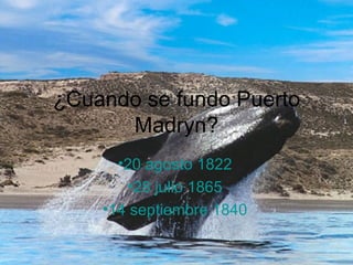 ¿Cuando se fundo Puerto Madryn? 20 agosto 1822 28 julio 1865 14 septiembre 1840 