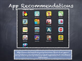App Recommendations




   http://www.darienlibrary.org/children/ﬁrst-ﬁve-years/
 early-literacy/early-literacy-ipad-appsselected-childrens-
                         librarians
 