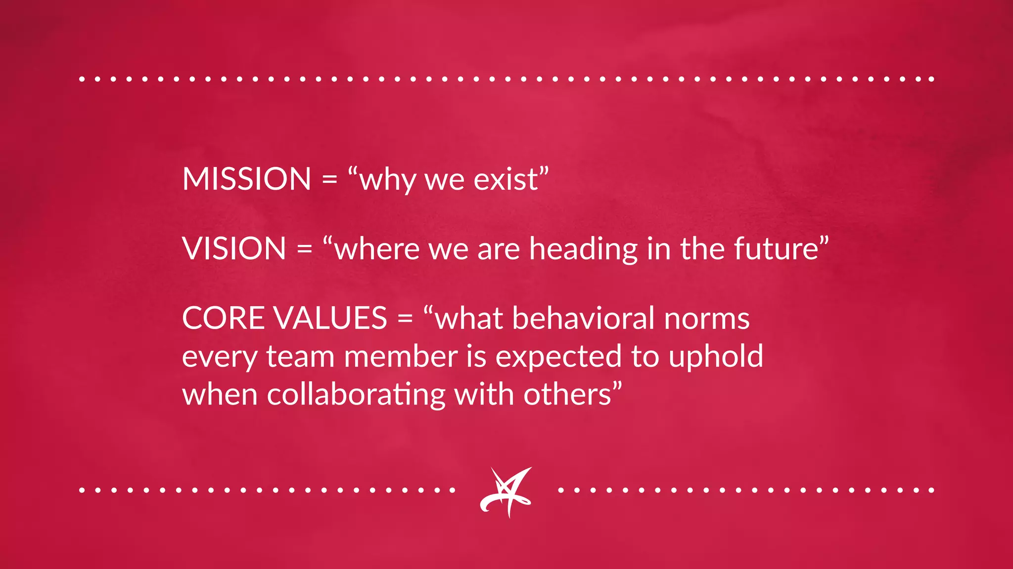 MISSION = “why we exist”
VISION = “where we are heading in the future”
CORE VALUES = “what behavioral norms
every team member is expected to uphold
when collaborating with others”
 