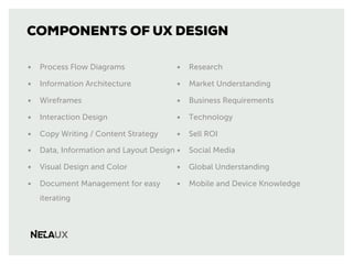 COMPONENTS OF UX DESIGN
• Process Flow Diagrams
• Information Architecture
• Wireframes
• Interaction Design
• Copy Writin...