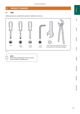 GENERALINFOSPECSMOUNTINGSTARTUPOPERATIONMAINTENANCEDIMENSIONSHOWTOORDERLOGISTICS
11
NDX VALVE CONTROLLER
GENERALINFO
PRODUCT SUMMARY
3.7	 TOOLS
Following tools are needed for the product installation and service:
PH2 TX 7
TX 20
3 mm
8 mm
5 mm
6 mm
13 mm and 22 mm with linear actuators.
8 mm and 24 mm with rotary actuators.
Fig 10
NOTE
Other tools are dependent on the actuator
which the NDX is installed upon.
3	 PRODUCT SUMMARY
 