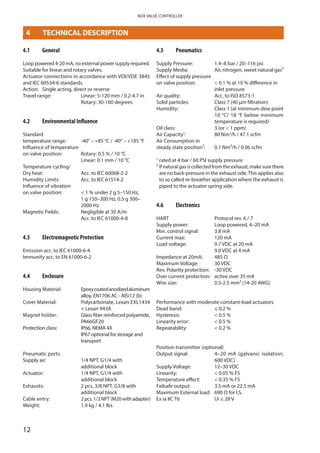12
NDX VALVE CONTROLLER
4	 TECHNICAL DESCRIPTION
4.1	 General
Loop powered 4-20 mA, no external power supply required.
Suitable for linear and rotary valves.
Actuator connections in accordance with VDI/VDE 3845
and IEC 60534-6 standards.
Action: 	 Single acting, direct or reverse
Travel range: 		Linear: 5-120 mm / 0.2-4.7 in
Rotary: 30-160 degrees
4.2	 Environmental Influence
Standard
temperature range:	-40° – +85 °C / -40° – +185 °F
Influence of temperature
on valve position: 	Rotary: 0.5 % / 10 °C
Linear: 0.1 mm / 10 °C
Temperature cycling/
Dry heat:		 Acc. to IEC 60068-2-2
Humidity Limits:		 Acc. to IEC 61514-2
Influence of vibration
on valve position:	 1 % under 2 g 5–150 Hz,
1 g 150–300 Hz, 0.5 g 300–
2000 Hz
Magnetic Fields: 		Negligible at 30 A/m
Acc. to IEC 61000-4-8
4.3	 Electromagnetic Protection
Emission acc. to IEC 61000-6-4
Immunity acc. to EN 61000-6-2
4.4	 Enclosure
Housing Material: 	Epoxycoatedanodizedaluminum
alloy, EN1706 AC - AlSi12 (b)
Cover Material:		Polycarbonate, Lexan EXL1434
+ Lexan 943A
Magnet holder:		Glass fiber reinforced polyamide,
PA66GF20
Protection class: 		IP66, NEMA 4X
IP67 optional for storage and
transport
Pneumatic ports:
Supply air: 		1/4 NPT, G1/4 with
additional block
Actuator: 		1/4 NPT, G1/4 with
additional block
Exhausts: 		2 pcs. 3/8 NPT, G3/8 with
additional block
Cable entry: 		 2pcs.1/2NPT(M20withadapter)
Weight: 			 1.9 kg / 4.1 lbs
4.5	 Pneumatics
Supply Pressure: 		 1.4–8 bar / 20–116 psi
Supply Media:		 Air, nitrogen, sweet natural gas2
Effect of supply pressure
on valve position: 	 0.1 % at 10 % ­difference in
inlet pressure
Air quality: 		 Acc. to ISO 8573-1
Solid particles: 		Class 7 (40 μm filtration)
Humidity: 		Class 1 (at minimum dew point
10 °C/ 18 °F below minimum
temperature is required)
Oil class: 		 3 (or  1 ppm)
Air Capacity1
:		 80 Nm3
/h / 47.1 scfm
Air Consumption in
steady state position1: 	 0.1 Nm3/h / 0.06 scfm
1
rated at 4 bar / 60 PSI supply pressure
2 If natural gas is collected from the exhaust, make sure there
are no back-pressure in the exhaust side.This applies also
to so called re-breather application where the exhaust is
piped to the actuator spring side.
4.6	 Electronics
HART			 Protocol rev. 6 / 7
Supply power: 		 Loop powered, 4–20 mA
Min. control signal: 	 3.8 mA
Current max: 		 120 mA
Load voltage: 		 9.7 VDC at 20 mA
			 9.0 VDC at 4 mA
Impedance at 20mA:	 485 Ω
Maximum Voltage: 	 30 VDC
Rev. Polarity protection: 	-30 VDC
Over current protection: 	 active over 35 mA
Wire size:		 0.5-2.5 mm2 (14-20 AWG)
Performance with moderate constant-load actuators
Dead band: 		 ≤ 0.2 %
Hysteresis: 		  0.5 %
Linearity error: 		  0.5 %
Repeatability:	 	  0.2 %
Position transmitter (optional)
Output signal: 		4–20 mA (galvanic isolation;
600 VDC)
Supply Voltage: 		 12–30 VDC
Linearity: 		  0.05 % FS
Temperature effect: 	  0.35 % FS
Failsafe output:		 3.5 mA or 22.5 mA
Maximum External load: 	 690 Ω for I.S.
Ex ia IIC T6 		 Ui ≤ 28 V
 