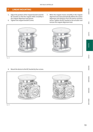 GENERALINFOSPECSMOUNTINGSTARTUPOPERATIONMAINTENANCEDIMENSIONSHOWTOORDERLOGISTICS
19
NDX VALVE CONTROLLER
MOUNTING
5. 	Adjust the position of the magnet bracket (and the
IEC bracket) so that the magnet slides smoothly in
the magnet alignment tool groove.
6. 	 Tighten the magnet bracket screws.
7. 	When the magnet moves smoothly in the magnet
alignment tool, that automatically defines the correct
alignment and distance from the device position
sensor. Tighten the IEC bracket to the actuator and
remove the magnet ­alignment tool.
Fig 18
8. 	 Mount the device to the IEC bracket by four screws.
Fig 19
7	 LINEAR MOUNTING
 