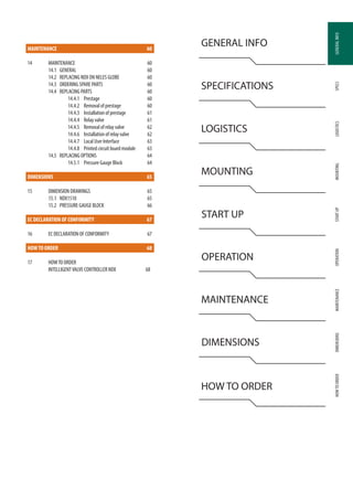 GENERALINFOSPECSMOUNTINGSTARTUPOPERATIONMAINTENANCEDIMENSIONSHOWTOORDERLOGISTICSGENERALINFO
	 GENERAL INFO
	SPECIFICATIONS
	LOGISTICS
	MOUNTING
	 START UP
	OPERATION
	 MAINTENANCE
	DIMENSIONS
	 HOW TO ORDER
MAINTENANCE	60
14	MAINTENANCE	 60
14.1	GENERAL	 60
14.2	 REPLACING NDX ON NELES GLOBE	 60
14.3	 ORDERING SPARE PARTS	 60
14.4	 REPLACING PARTS	 60
14.4.1	Prestage	 60
14.4.2	 Removal of prestage	 60
14.4.3	 Installation of prestage	 61
14.4.4	 Relay valve	 61
14.4.5	 Removal of relay valve	 62
14.4.6	 Installation of relay valve	 62
14.4.7	 Local User Interface	 63
14.4.8	 Printed circuit board module	 63
14.5	 REPLACING OPTIONS	 64
14.5.1	 Pressure Gauge Block	 64
DIMENSIONS	65
15	 DIMENSION DRAWINGS	 65
15.1	NDX1510	 65
15.2	 PRESSURE GAUGE BLOCK	 66
EC DECLARATION OF CONFORMITY	 67
16	 EC DECLARATION OF CONFORMITY	 67
HOWTO ORDER	 68
17	HOWTO ORDER
INTELLIGENTVALVE CONTROLLER NDX	 68
 