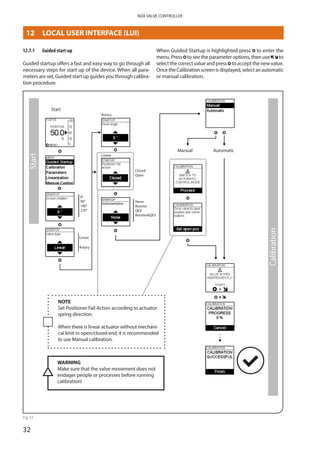 32
NDX VALVE CONTROLLER
12.7.1	 Guided start-up
Guided startup offers a fast and easy way to go through all
necessary steps for start up of the device. When all para­
meters are set, Guided start up guides you through calibra­
tion ­procedure.
Start
Manual Automatic
0°
90°
180°
270°
Closed
Open
Linear
Rotary
Linear
Rotary
None
Booster
QEV
BoosterQEV
Start
Calibration
WARNING
Make sure that the valve movement does not
endager people or processes before running
calibration!
NOTE
Set Positioner Fail Action according to actuator
spring direction.
When there is linear actuator without mechani­
cal limit in open/closed end, it is recommended
to use Manual calibration.
Fig 37
When Guided Startup is highlighted press to enter the
menu. Press to see the parameter options, then use to
select the correct value and press to accept the new value.
Once the Calibration screen is displayed, select an automatic
or manual calibration.
12	 LOCAL USER INTERFACE (LUI)
 