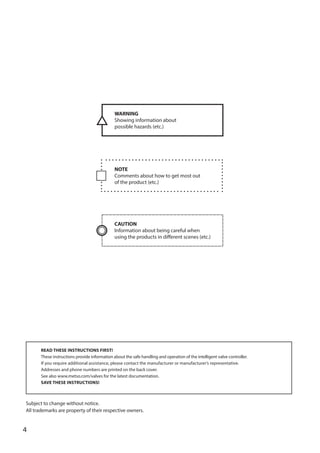 4
WARNING
Showing information about
possible hazards (etc.)
NOTE
Comments about how to get most out
of the product (etc.)
CAUTION
Information about being careful when
using the products in different scenes (etc.)
READ THESE INSTRUCTIONS FIRST!
These instructions provide information about the safe handling and operation of the intelligent valve controller.
If you require additional assistance, please contact the manufacturer or manufacturer’s representative.
Addresses and phone numbers are printed on the back cover.
See also www.metso.com/valves for the latest documentation.
SAVE THESE INSTRUCTIONS!
Subject to change without notice.
All trademarks are property of their respective owners.
 