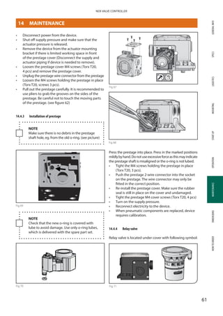 GENERALINFOSPECSMOUNTINGSTARTUPOPERATIONMAINTENANCEDIMENSIONSHOWTOORDERLOGISTICS
61
NDX VALVE CONTROLLER
MAINTENANCE
•	 Disconnect power from the device.
•	 Shut off supply pressure and make sure that the
actuator pressure is released.
•	 Remove the device from the actuator mounting
bracket if there is limited working space in front
of the prestage cover (Disconnect the supply and
actuator piping if device is needed to remove).
•	 Loosen the prestage cover M4 screws (Torx T20,
4 pcs) and remove the prestage cover.
•	 Unplug the prestage wire connector from the prestage
•	 Loosen the M4 screws holding the prestage in place
(Torx T20, screws 3 pcs).
•	 Pull out the prestage carefully. It is recommended to
use pliers to grab the grooves on the sides of the
prestage. Be careful not to touch the moving parts
of the prestage. (see figure 62)
14.4.3	 Installation of prestage
NOTE
Make sure there is no debris in the prestage
shaft hole, eg. from the old o-ring. (see picture)
Fig 69
© Metso 2015
- Unplug the prestage wire connector from the prestage
- Loosen the M4 screws holding the prestage in place (Torx T20, screws 1,2,3)
- Pull out the prestage carefully. It is recommended to use pliers to grab the grooves on the sides of the
prestage. Be careful not to touch the moving parts of the prestage. (see figure)
Installation
NOTE: make sure there is no debris in the prestage shaft hole, eg. from the old o-ring. (see picture)
NOTE: check that the new o-ring is covered with lube to avoid damage. Use only o-ring lubes, which is
delivered with the spare part set.
NOTE
Check that the new o-ring is covered with
lube to avoid damage. Use only o-ring lubes,
which is delivered with the spare part set.
Fig 70
Fig 67
Fig 68
Press the prestage into place. Press in the marked positions
mildlybyhand.Donotuseexcessiveforceasthismayindicate
the prestage shaft is misaligned or the o-ring is not lubed.
•	 Tight the M4 screws holding the prestage in place
(Torx T20, 3 pcs).
•	 Push the prestage 2-wire connector into the socket
on the prestage. The wire connector may only be
fitted in the correct position.
•	 Re-install the prestage cover. Make sure the rubber
seal is still in place on the cover and undamaged.
•	 Tight the prestage M4 cover screws (Torx T20, 4 pcs)
•	 Turn on the supply pressure.
•	 Reconnect electricity to the device.
•	 When pneumatic components are replaced, device
requires calibration.
14.4.4	 Relay valve
Relay valve is located under cover with following symbol:
Fig 71
14	MAINTENANCE
 