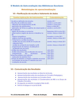 O Modelo de Auto-avaliação das Bibliotecas Escolares

                Metodologias de operacionalização

   VII – Planificação da recolha e tratamento de dados

    Tarefas/aplicação de instrumentos                        Calendarização
- Escolha e definição da amostra.                         Janeiro 2011                 -   8-
- Recolha de evidências sobre:                            Janeiro a Junho 2011
   utilização dos equipamentos da BE;                     Janeiro a Junho 2011
   aplicação de questionários;                            Março e Abril 2011
   aplicação de fichas ou grelhas de observação e         Janeiro a Junho 2011
de avaliação;
   registo de reuniões e contactos;                       Dezembro 2010-Junho 2011
   observação e registo de alunos a trabalhar na          Janeiro, Março e Maio 2011
   BE;
    registos fotográficos;                                Fevereiro a Junho 2011
    registos informais de opinião.                        Janeiro, Março e Maio 2011
- - Tratamento e análise de dados:
     análise dos recursos da BE em função da              Janeiro, Março e Maio 2011
     utilização feita;
     análise do ambiente de trabalho na BE                Janeiro, Março e Maio 2011
    (organização do espaço, localização e
     qualidade dos recursos)
- Análise dos resultados:                                 Julho 2011
   Análise diacrónica das avaliações dos alunos;          Julho 2011
    interpretação       dos     resultados:      pontos   Julho 2011
fortes/fracos/plano de melhoria;                          Julho 2011
    redacção do relatório final;                          Julho 2011
- Síntese do relatório a integrar o relatório anual de    Julho 2011
    actividades da escola e o relatório de auto-
    avaliação da escola.




VII – Comunicação dos Resultados

          Apresentação dos resultados ao Director da Escola.
          Apresentação/discussão dos resultados em Conselho Pedagógico,
           Apresentação dos resultados ao Conselho Geral.
          Apresentação dos resultados à Coordenadora da RBE e no Grupo de
           Trabalho Concelhio.
          Divulgação do relatório na página Web da BE .
          Notícia no blogue e no jornal da BE.




15 a 22 de Novembro 2010            Plano de Avaliação            Nélida Nabais
 