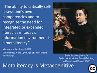 Metaliteracy is Metacognitive
“The ability to critically self-
assess one’s own
competencies and to
recognize the need for
integrated or expanded
literacies in today’s
information environment is
a metaliteracy.”
Mackey and Jacobson (2013)
Metaliteracy in the Open Age of Social Media
(manuscript)
17
Sofonisba Anguissola
Self-portrait at the Easel Painting
a Devotional Panel, 1556
 