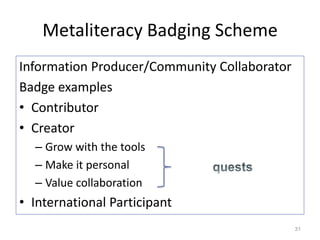Metaliteracy Badging Scheme
Information Producer/Community Collaborator
Badge examples
• Contributor
• Creator
– Grow with the tools
– Make it personal
– Value collaboration
• International Participant
31
 