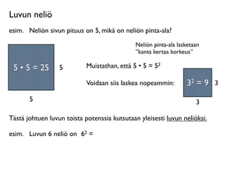Luvun neliö
esim.
 Neliön sivun pituus on 5, mikä on neliön pinta-ala?
                                              Neliön pinta-ala lasketaan
                                              ”kanta kertaa korkeus”
     Neliö on
 suorakulmio, jossa         Muistathan, että 5 • 5 = 52
 55 55 =
  • • = 25
on kaksi yhtä pitkää   5
       sivua.
                            Voidaan siis laskea nopeammin:        32 = 9 3
         5                                                            3

Tästä johtuen luvun toista potenssia kutsutaan yleisesti luvun neliöksi.

esim.
 Luvun 6 neliö on 62 =
 