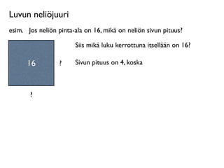 Luvun neliöjuuri
esim.
 Jos neliön pinta-ala on 16, mikä on neliön sivun pituus?

                        Siis mikä luku kerrottuna itsellään on 16?

      16          ?     Sivun pituus on 4, koska



       ?
 