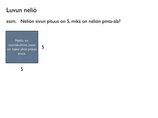 Luvun neliö
esim.
 Neliön sivun pituus on 5, mikä on neliön pinta-ala?


     Neliö on
 suorakulmio, jossa
on kaksi yhtä pitkää   5
       sivua.



         5
 