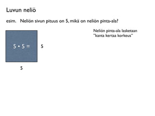 Luvun neliö
esim.
 Neliön sivun pituus on 5, mikä on neliön pinta-ala?
                                             Neliön pinta-ala lasketaan
                                             ”kanta kertaa korkeus”
     Neliö on
 suorakulmio, jossa
    5•5=
on kaksi yhtä pitkää   5
       sivua.



         5
 