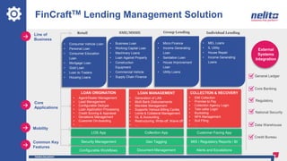 FinCraftTM Lending Management Solution
Retail
LOAN ORIGINATION
Security Management Geo Tagging MIS / Regulatory Reports / BI
Core
Applications
Common Key
Features
Line of
Business
SME/MSME
Configurable Workflows Document Management Alerts and Escalations
LOAN MANAGEMENT COLLECTION & RECOVERY
Mobility
LOS App Collection App Customer Facing App
External
Systems
Integration
General Ledger
Core Banking
Regulatory
National Security
Data Warehouse
Credit Bureau
Group Lending Individual Lending
• Consumer Vehicle Loan
• Personal Loan
• Consumer Education
Loan
• Mortgage Loan
• Gold Loan
• Loan to Traders
• Housing Loans
• Business Loan
• Working Capital Loan
• Machinery Loans
• Loan Against Property
• Construction
Equipment
• Commercial Vehicle
• Supply Chain Finance
• Micro Finance
• Income Generating
Loan
• Sanitation Loan
• House Improvement
Loan
• Utility Loans
• MEL Loans
• IL Utility
• House Repair
• Income Generating
Loans
• Agent/Dealer Management
• Lead Management
• Configurable Dedupe
• Loan Application Processing
• Credit Scoring & Appraisal
• Deviations Management
• Customer On-boarding
• …
• Generation of LAN
• Multi Bank Disbursements
• Mandate Management
• Supports Various Billing Cycles
• Limits & Collateral Management
• GL & Accounting
• Restructuring, Write-off, Waive off
• …
• EMI Collection
• Promise to Pay
• Collection Agency Login
• Tele caller Login
• Bucketing
• NPA Management
• Suit Filing
• …
 