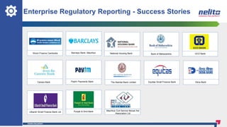 Enterprise Regulatory Reporting - Success Stories
National Housing Bank Bank of Maharashtra UCO Bank
Dena BankCanara Bank Paytm Payments Bank The Nainital Bank Limited Equitas Small Finance Bank
Utkarsh Small Finance Bank Ltd
Mauritius Civil Service Mutual Aid
Association Ltd
Punjab & Sind Bank
Barclays Bank- MauritiusWoori Finance Cambodia
 