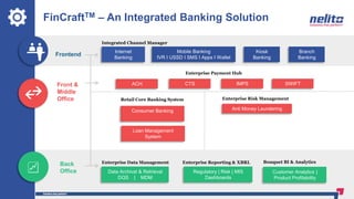FinCraftTM – An Integrated Banking Solution
Internet
Banking
Mobile Banking
IVR I USSD I SMS I Apps I Wallet
Branch
Banking
Kiosk
Banking
Integrated Channel Manager
Data Archival & Retrieval
DQS | MDM
Enterprise Data Management
Regulatory | Risk | MIS
Dashboards
Enterprise Reporting & XBRL
Customer Analytics |
Product Profitability
Bouquet BI & Analytics
Frontend
Front &
Middle
Office
Back
Office
SEO
Consumer Banking
Retail Core Banking System
Loan Management
System
Anti Money Laundering
Enterprise Risk Management
ACH IMPS
Enterprise Payment Hub
SWIFTCTS
 