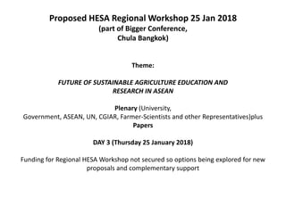 Proposed HESA Regional Workshop 25 Jan 2018
(part of Bigger Conference,
Chula Bangkok)
Theme:
FUTURE OF SUSTAINABLE AGRICU...