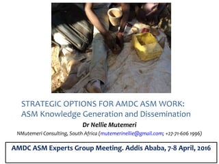 Dr Nellie Mutemeri
NMutemeri Consulting, South Africa (mutemerinellie@gmail.com; +27-71-606 1996)
AMDC ASM Experts Group Meeting. Addis Ababa, 7-8 April, 2016
STRATEGIC OPTIONS FOR AMDC ASM WORK:
ASM Knowledge Generation and Dissemination
 