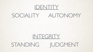 IDENTITY
INTEGRITY
JUDGMENTSTANDING
AUTONOMYSOCIALITY
 