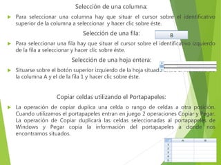 Selección de una columna:
 Para seleccionar una columna hay que situar el cursor sobre el identificativo
superior de la columna a seleccionar y hacer clic sobre éste.
Selección de una fila:
 Para seleccionar una fila hay que situar el cursor sobre el identificativo izquierdo
de la fila a seleccionar y hacer clic sobre éste.
Selección de una hoja entera:
 Situarse sobre el botón superior izquierdo de la hoja situado entre el indicativo de
la columna A y el de la fila 1 y hacer clic sobre éste.
Copiar celdas utilizando el Portapapeles:
 La operación de copiar duplica una celda o rango de celdas a otra posición.
Cuando utilizamos el portapapeles entran en juego 2 operaciones Copiar y Pegar.
La operación de Copiar duplicará las celdas seleccionadas al portapapeles de
Windows y Pegar copia la información del portapapeles a donde nos
encontramos situados.
 