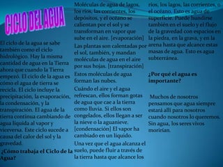 Moléculas de agua de lagos,     ríos, los lagos, las corrientes, o
                               los ríos, las corrientes, los   el océano. Esto es agua de
                               depósitos, y el océano se       superficie. Puede hundirse
                               calientan por el sol y se       también en el suelo y el flujo
                               transforman en vapor que        de la gravedad con espacios en
                               sube en el aire. [evaporación] la piedra, en la grava, y en la
El ciclo de la agua se sabe
                               Las plantas son calentadas por arena hasta que alcance estas
también como el ciclo                                          masas de agua. Esto es agua
                               el sol, también, y mandan
hidrológico. Hay la misma
                               moléculas de agua en el aire subterránea.
cantidad de agua en la Tierra
                               por sus hojas. [transpiración]
ahora que cuando la Tierra
empezó. El ciclo de la agua es Estos moléculas de agua         ¿Por qué el agua es
cómo el agua de tierra se      forman las nubes.               importante?
recicla. El ciclo incluye la   Cuándo el aire y el agua
precipitación, la evaporación, refrescan, ellos forman gotas Muchos de nosotros
la condensación, y la          de agua que cae a la tierra     pensamos que agua siempre
transpiración. El agua de la   como lluvia. Si ellos son       estará allí para nosotros
tierra continua cambiando de congelados, ellos llegan a ser cuando nosotros lo queremos.
agua líquida al vapor y        la nieve o la aguanieve.        Sin agua, los seres vivos
viceversa. Este ciclo sucede a [condensación] El vapor ha      morirían.
causa del calor del sol y la   cambiado en un líquido.
gravedad.                      Una vez que el agua alcanza el
 ¿Cómo trabaja el Ciclo de la suelo, puede fluir a través de
Agua?                          la tierra hasta que alcance los
 