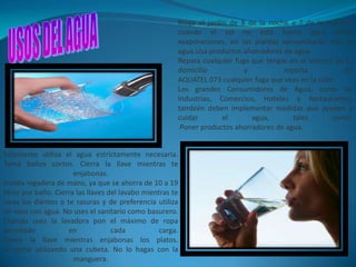 Riega el jardín de 8 de la noche a 7 de la mañana
                                                        cuando el sol no está fuerte para evitar
                                                        evaporaciones, así las plantas aprovecharán más el
                                                        agua.Usa productos ahorradores de agua.
                                                        Repara cualquier fuga que tengas en el interior de tu
                                                        domicilio           y          reporta            en
                                                        AQUATEL 073 cualquier fuga que veas en la calle.
                                                        Los grandes Consumidores de Agua, como las
                                                        Industrias, Comercios, Hoteles y Restaurantes,
                                                        también deben implementar medidas que ayuden a
                                                        cuidar        el      agua,       tales        como:
                                                         Poner productos ahorradores de agua.


Solamente utiliza el agua estrictamente necesaria.
Toma baños cortos. Cierra la llave mientras te
                       enjabonas.
Instala regadera de mano, ya que se ahorra de 10 a 19
litros por baño. Cierra las llaves del lavabo mientras te
lavas los dientes o te rasuras y de preferencia utiliza
un vaso con agua. No uses el sanitario como basurero.
Cuando uses la lavadora pon el máximo de ropa
permitido            en             cada           carga.
Cierra la llave mientras enjabonas los platos.
el coche utilizando una cubeta. No lo hagas con la
                       manguera.
 