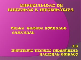 ESPECIALIDAD DE Sistemas E INFORMÁTICA NELLY  TERESA GONZALEZ CARVAJAL I.E INSTITUTO TECNICO INDUSTRIAL NACIONAL TUMACO 
