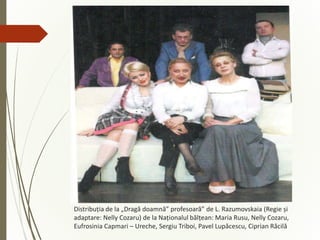 Distribuția de la „Dragă doamnă” profesoară” de L. Razumovskaia (Regie și
adaptare: Nelly Cozaru) de la Naționalul bălțean: Maria Rusu, Nelly Cozaru,
Eufrosinia Capmari – Ureche, Sergiu Triboi, Pavel Lupăcescu, Ciprian Răcilă
 