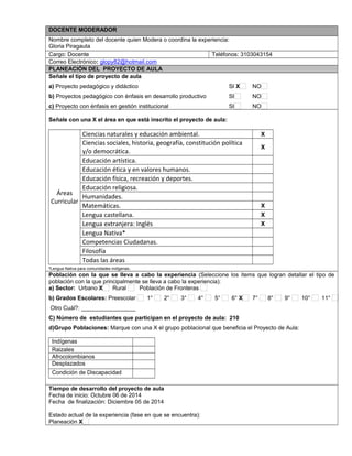 DOCENTE MODERADOR 
Nombre completo del docente quien Modera o coordina la experiencia: 
Gloria Piragauta 
Cargo: Docente Teléfonos: 3103043154 
Correo Electrónico: glopy82@hotmail.com 
PLANEACIÓN DEL PROYECTO DE AULA 
Señale el tipo de proyecto de aula 
a) Proyecto pedagógico y didáctico SI X NO 
b) Proyectos pedagógico con énfasis en desarrollo productivo SI NO 
c) Proyecto con énfasis en gestión institucional SI NO 
Señale con una X el área en que está inscrito el proyecto de aula: 
Áreas 
Curricular 
Ciencias naturales y educación ambiental. X 
Ciencias sociales, historia, geografía, constitución política 
X 
y/o democrática. 
Educación artística. 
Educación ética y en valores humanos. 
Educación física, recreación y deportes. 
Educación religiosa. 
Humanidades. 
Matemáticas. X 
Lengua castellana. X 
Lengua extranjera: Inglés X 
Lengua Nativa* 
Competencias Ciudadanas. 
Filosofía 
Todas las áreas 
*Lengua Nativa para comunidades indígenas. 
Población con la que se lleva a cabo la experiencia (Seleccione los ítems que logran detallar el tipo de 
población con la que principalmente se lleva a cabo la experiencia): 
a) Sector: Urbano X Rural Población de Fronteras 
b) Grados Escolares: Preescolar 1° 2° 3° 4° 5° 6° X 7° 8° 9° 10° 11° 
Otro Cuál?: _________________ 
C) Número de estudiantes que participan en el proyecto de aula: 210 
d)Grupo Poblaciones: Marque con una X el grupo poblacional que beneficia el Proyecto de Aula: 
Indígenas 
Raizales 
Afrocolombianos 
Desplazados 
Condición de Discapacidad 
,.,. 
Tiempo de desarrollo del proyecto de aula 
Fecha de inicio: Octubre 06 de 2014 
Fecha de finalización: Diciembre 05 de 2014 
Estado actual de la experiencia (fase en que se encuentra): 
Planeación X 
 