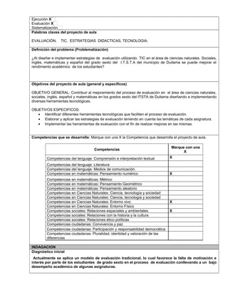 Ejecución X 
Evaluación X 
Sistematización 
Palabras claves del proyecto de aula 
EVALUACIÓN, TIC, ESTRATEGIAS DIDACTICAS, TECNOLOGIA. 
Definición del problema (Problematización) 
¿Al diseñar e implementar estrategias de evaluación utilizando TIC en el área de ciencias naturales. Sociales, 
inglés, matemáticas y español del grado sexto del I.T.S.T.A del municipio de Duitama se puede mejorar el 
rendimiento académico de los estudiantes? 
Objetivos del proyecto de aula (general y específicos) 
OBJETIVO GENERAL: Contribuir al mejoramiento del proceso de evaluación en el área de ciencias naturales, 
sociales, inglés, español y matemáticas en los grados sexto del ITSTA de Duitama diseñando e implementando 
diversas herramientas tecnológicas. 
OBJETIVOS ESPECIFICOS: 
· Identificar diferentes herramientas tecnológicas que faciliten el proceso de evaluación. 
· Elaborar y aplicar las estrategias de evaluación teniendo en cuenta las temáticas de cada asignatura. 
· Implementar las herramientas de evaluación con el fin de realizar mejoras en las mismas. 
Competencias que se desarrolla: Marque con una X la Competencia que desarrolla el proyecto de aula. 
Competencias Marque con una 
X 
Competencias del lenguaje: Comprensión e interpretación textual X 
Competencias del lenguaje: Literatura 
Competencias del lenguaje: Medios de comunicación. 
Competencias en matemáticas: Pensamiento numérico X 
Competencias en matemáticas: Métrico 
Competencias en matemáticas: Pensamiento Geométrico 
Competencias en matemáticas: Pensamiento aleatorio 
Competencias en Ciencias Naturales: Ciencia, tecnología y sociedad 
Competencias en Ciencias Naturales: Ciencia, tecnología y sociedad 
Competencias en Ciencias Naturales: Entorno vivo X 
Competencias en Ciencias Naturales: Entorno Físico 
Competencias sociales: Relaciones espaciales y ambientales X 
Competencias sociales: Relaciones con la historia y la cultura 
Competencias sociales: Relaciones ético políticas 
Competencias ciudadanas: Convivencia y paz 
Competencias ciudadanas: Participación y responsabilidad democrática 
Competencias ciudadanas: Pluralidad, identidad y valoración de las 
diferencias 
INDAGACION 
Diagnóstico inicial 
Actualmente se aplica un modelo de evaluación tradicional, lo cual favorece la falta de motivación e 
interés por parte de los estudiantes de grado sexto en el proceso de evaluación conllevando a un bajo 
desempeño académico de algunas asignaturas. 
 